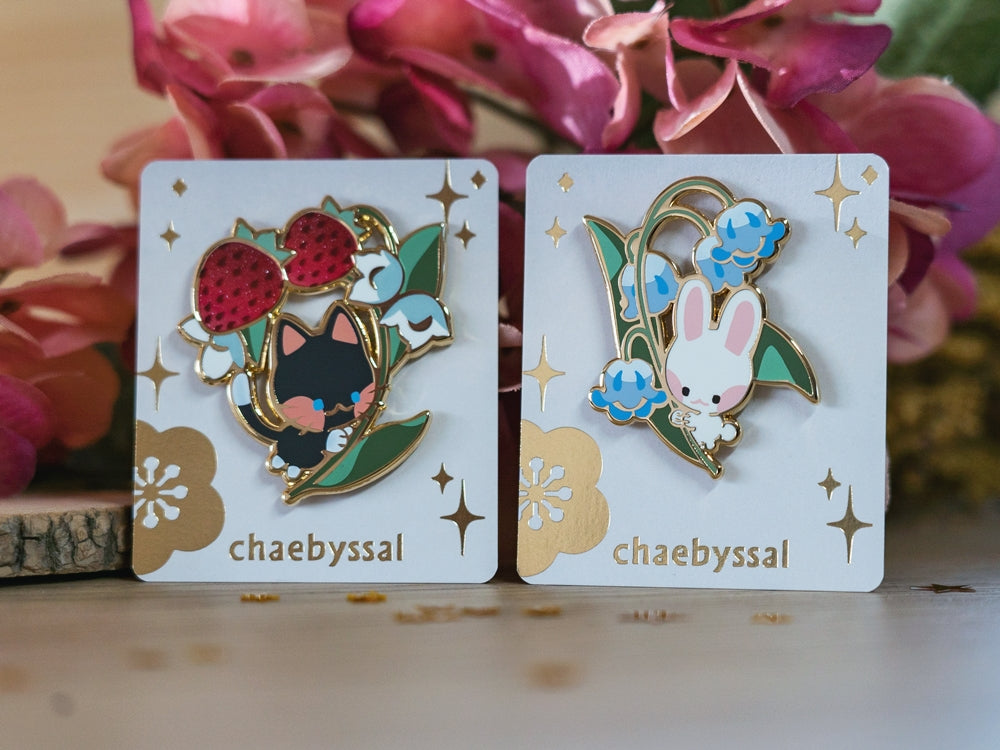 Strawberry Cat & Lily Bunny - Enamel Pins