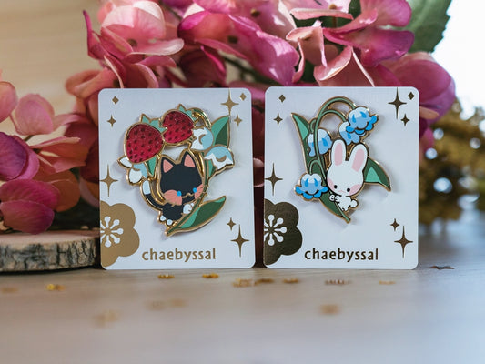 Strawberry Cat & Lily Bunny - Enamel Pins
